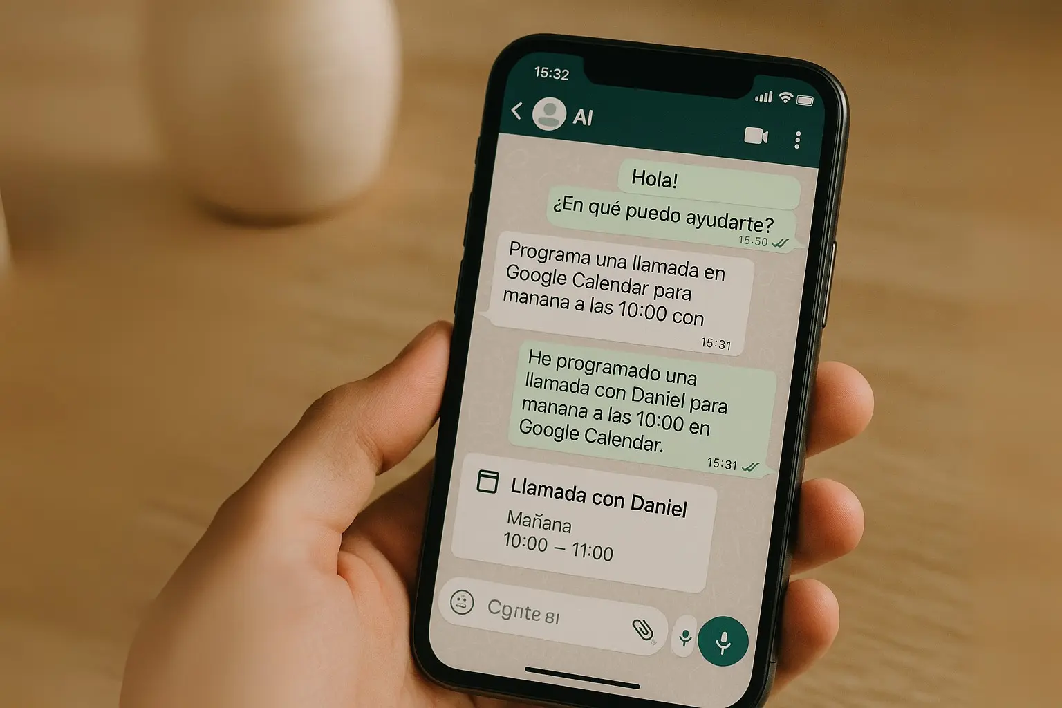 Asistente personal de IA conversando en WhatsApp